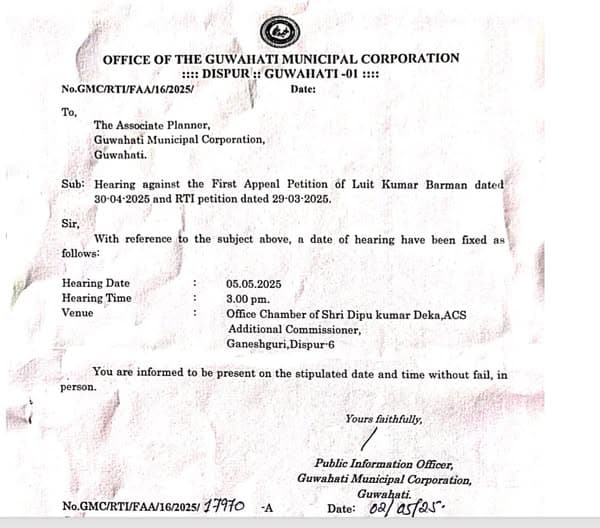 Occupancy certificate দিওঁতে GMC বছৰ বছৰ যাব পাৰে কিন্তু RTI ৰ first appeal ৰ তাৰিখ কিন্তু ২ দিনতে hearing ৰ date দিছে। যদিও RTI Act 2005 মতে appellant মাতিব লাগে বুলি নিয়ম নাই কিন্তু natural justice ৰ বাবে সকলোৱে মাতে।